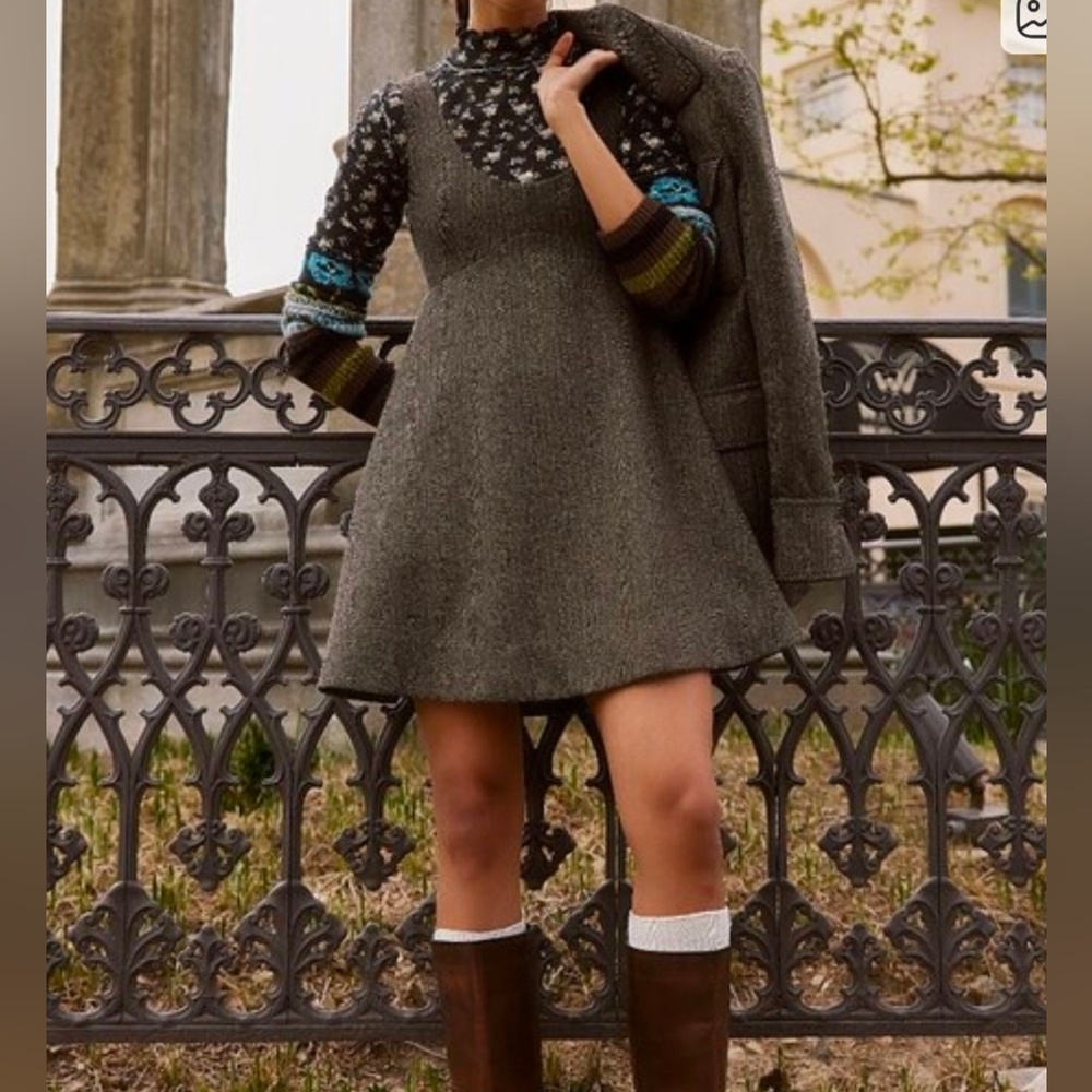 Free People Womens Wool Blend Cyd Mini Dress Size Large NWT $148 Espresso Combo